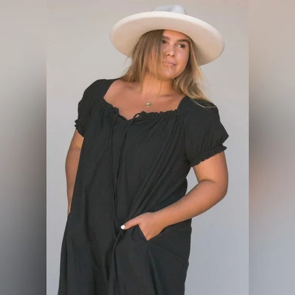 The Lullaby Club Women's Black Cotton Linen Blend Sawyer Babydoll Midi Dress XS - Picture 2 of 12